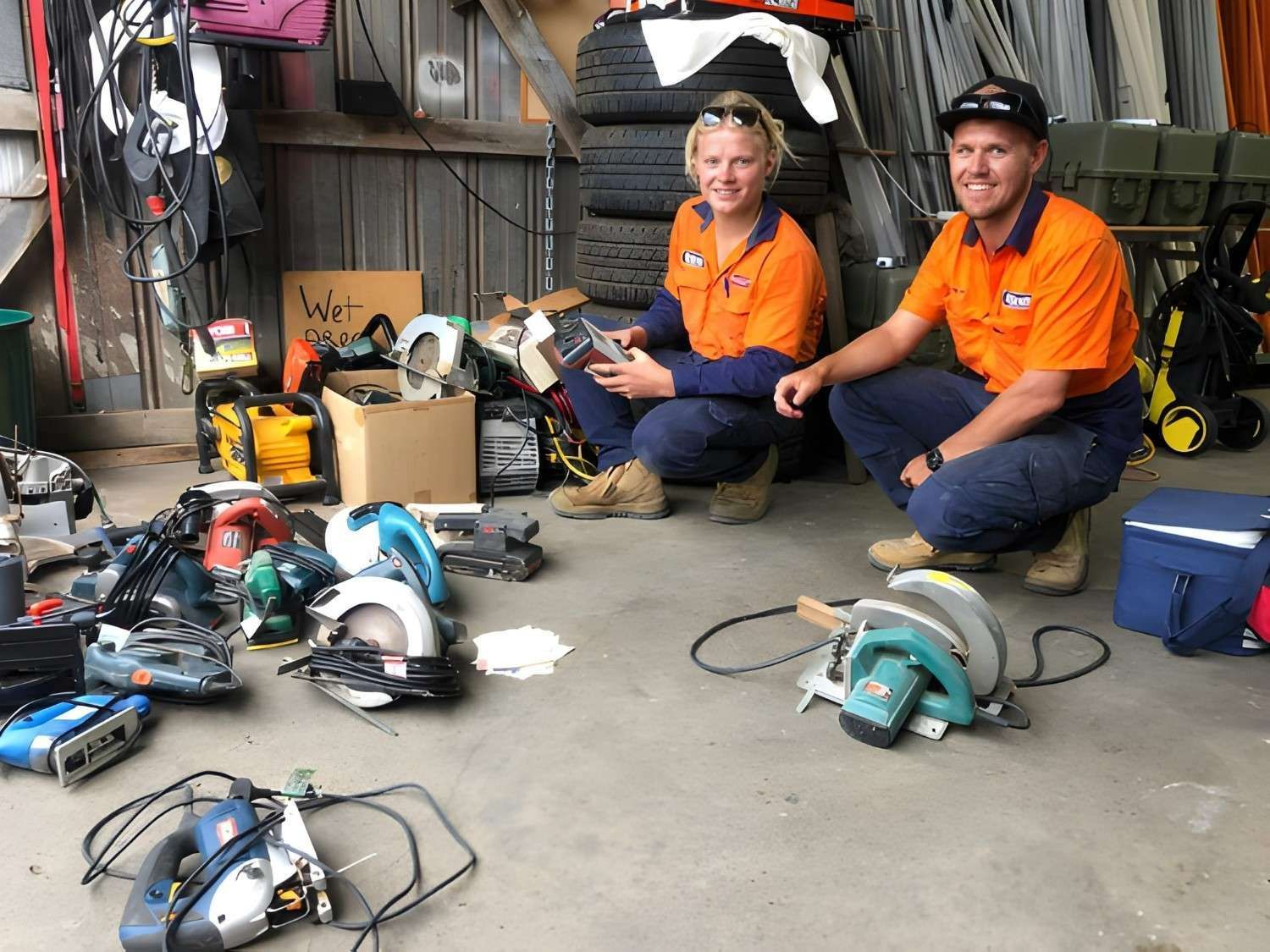 A Two People Kneeling Surrounded by Power Saws in a Workshop — McGrath Electrical & Data in South Grafton, NSW