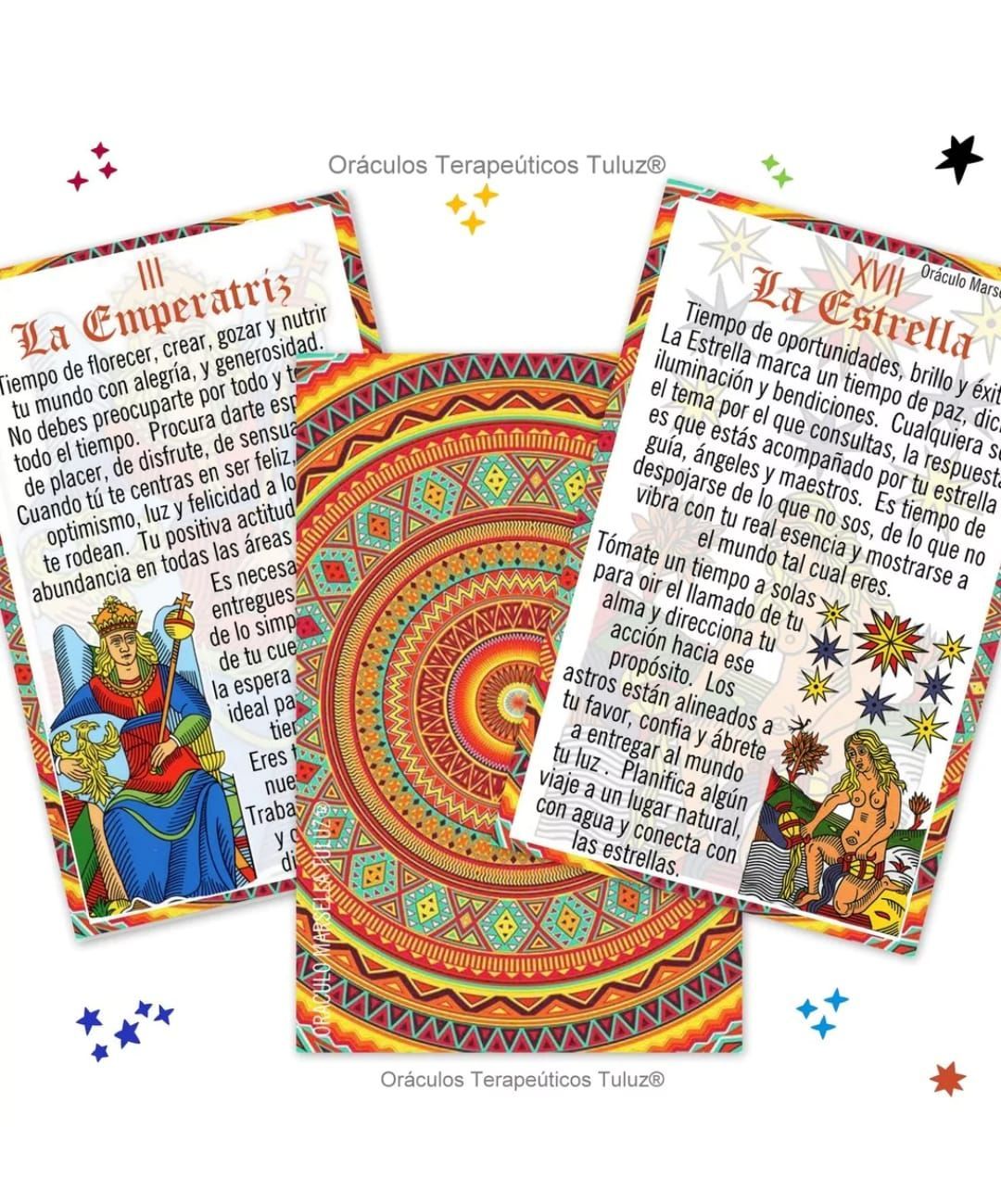 Cartas de tarot con temática naranja y cristales sobre tela blanca, incluyendo la carta 
