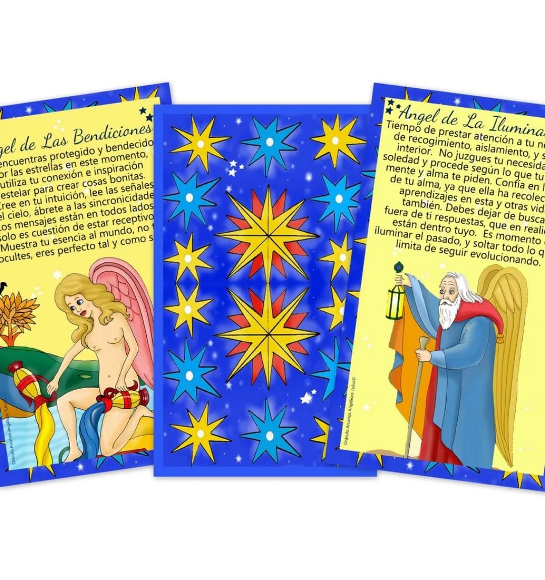 Baraja de cartas oráculo y cuatro cartas expuestas con ilustraciones y texto vibrantes, caja azul.