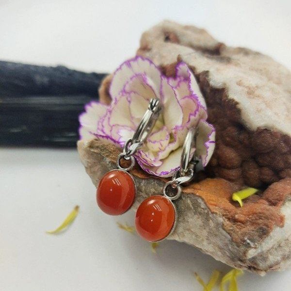 Pendientes ovalados de piedra preciosa naranja sobre una roca con una flor, cerca de una piedra negra y pétalos amarillos.