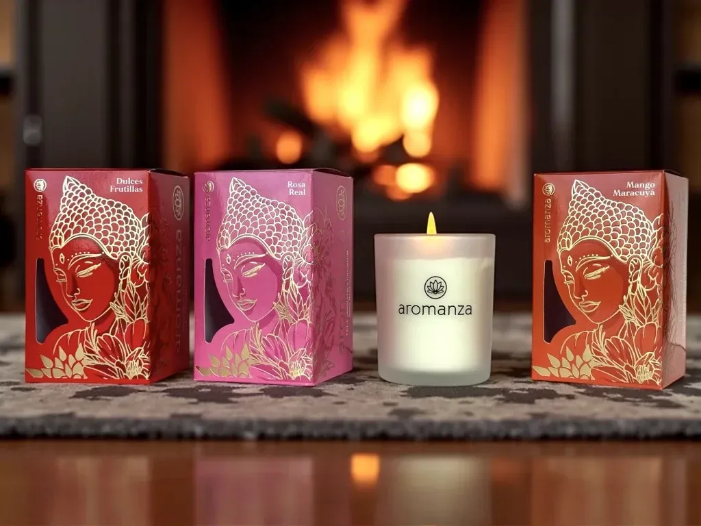 Sobre una mesa hay cuatro velas aromáticas encendidas con sus cajas detrás. Las velas son de diferentes colores, con un logotipo y una llama encendida.