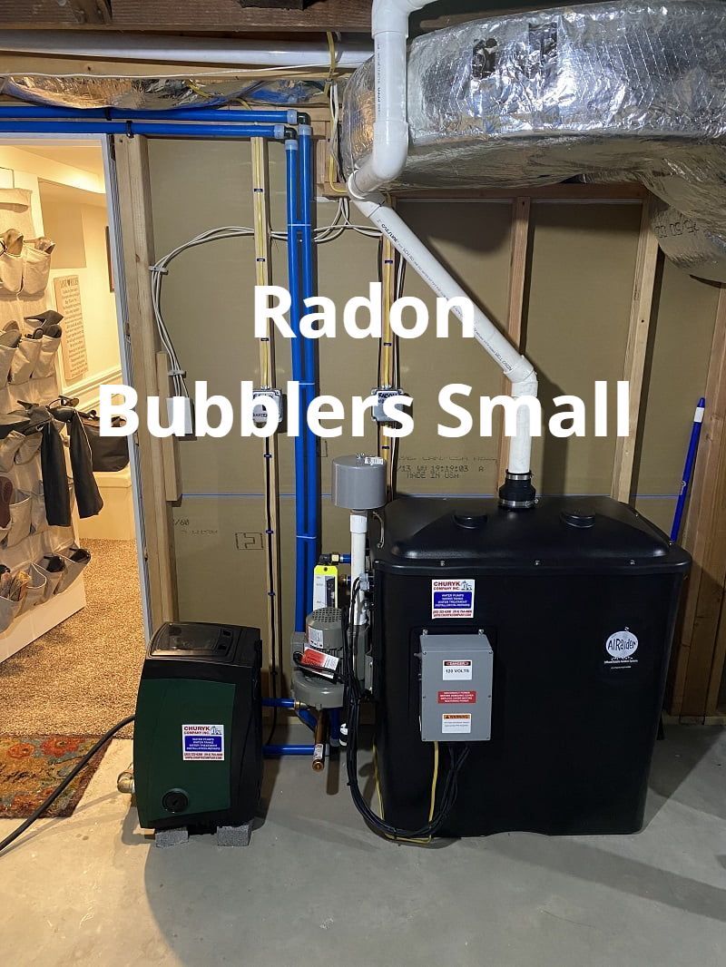 A picture of a radon bubbler in a basement