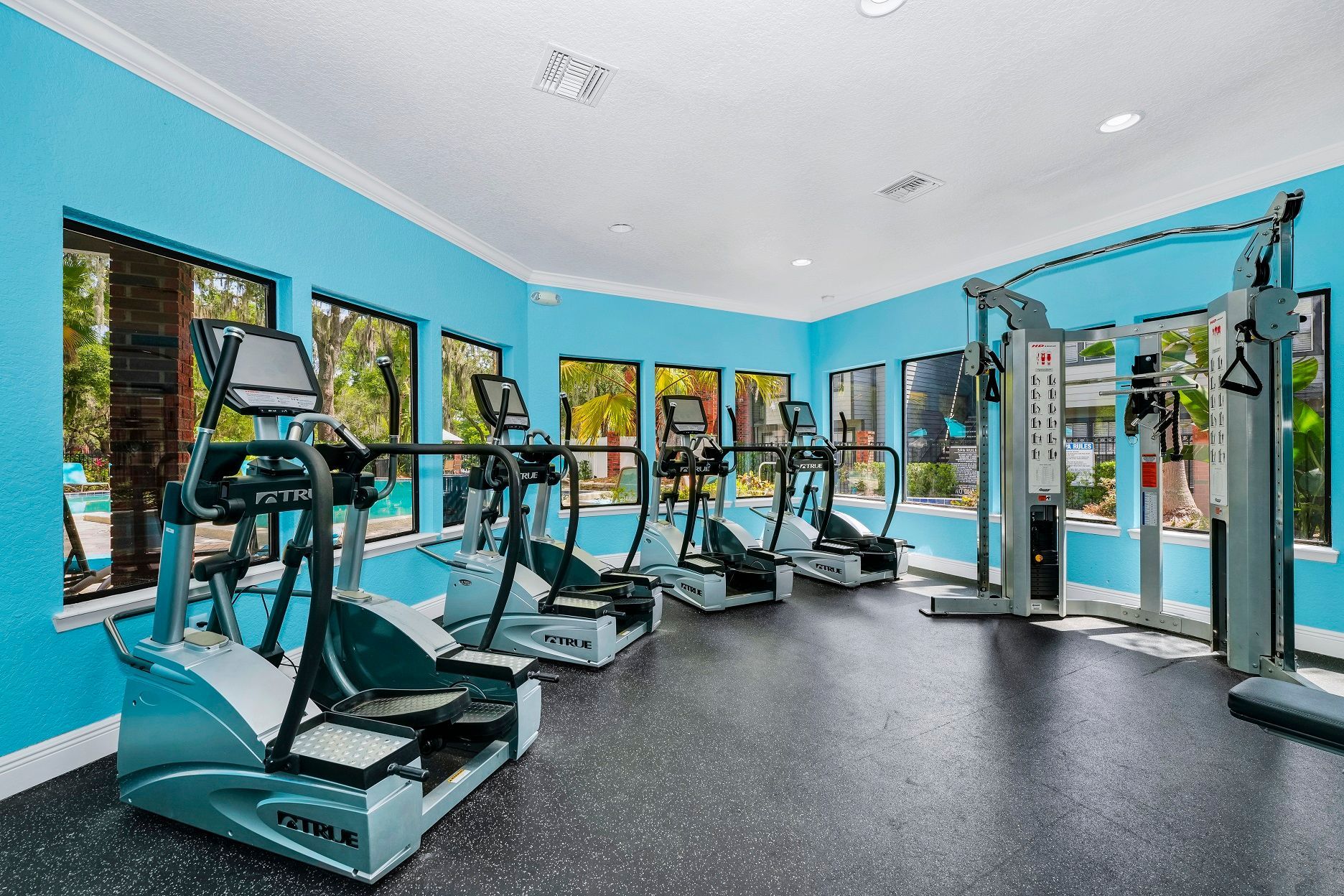 Gym with blue walls, cardio machines, and weight equipment.