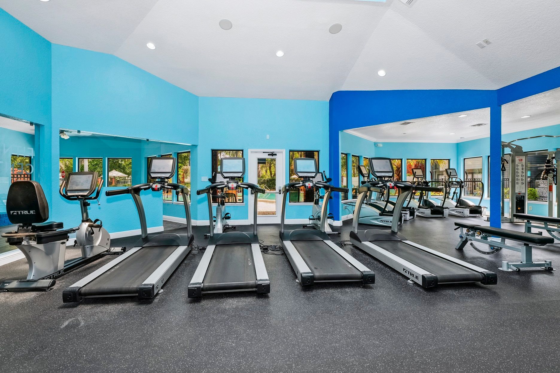 Gym with treadmills, stationary bikes, and weight machines; blue walls, mirrors, and black flooring at Timberlake in Altamonte Springs, FL.