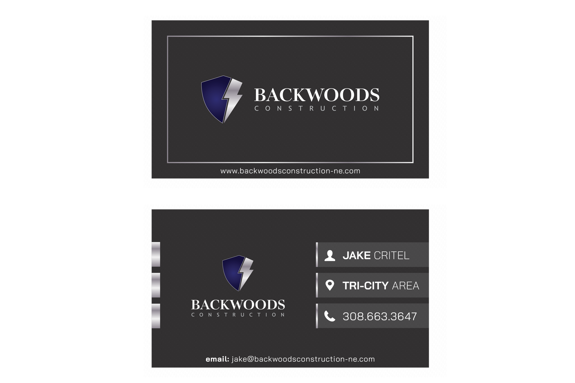 Business card for Kelsey Belitz. Gray background with teal accents. Includes contact info and logo 