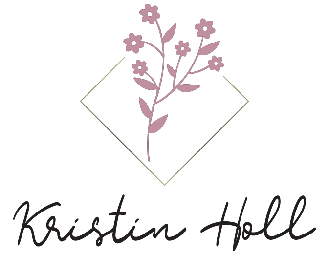 A logo for kristin hall with a drawing of flowers in a square.