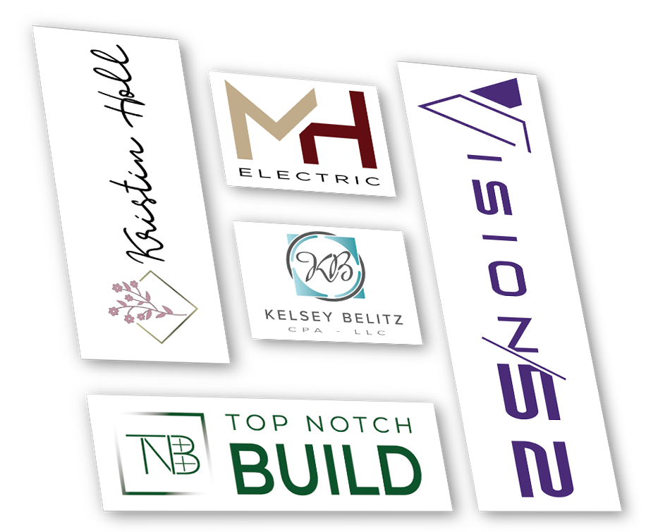 A group of stickers with different logos on them on a white background.