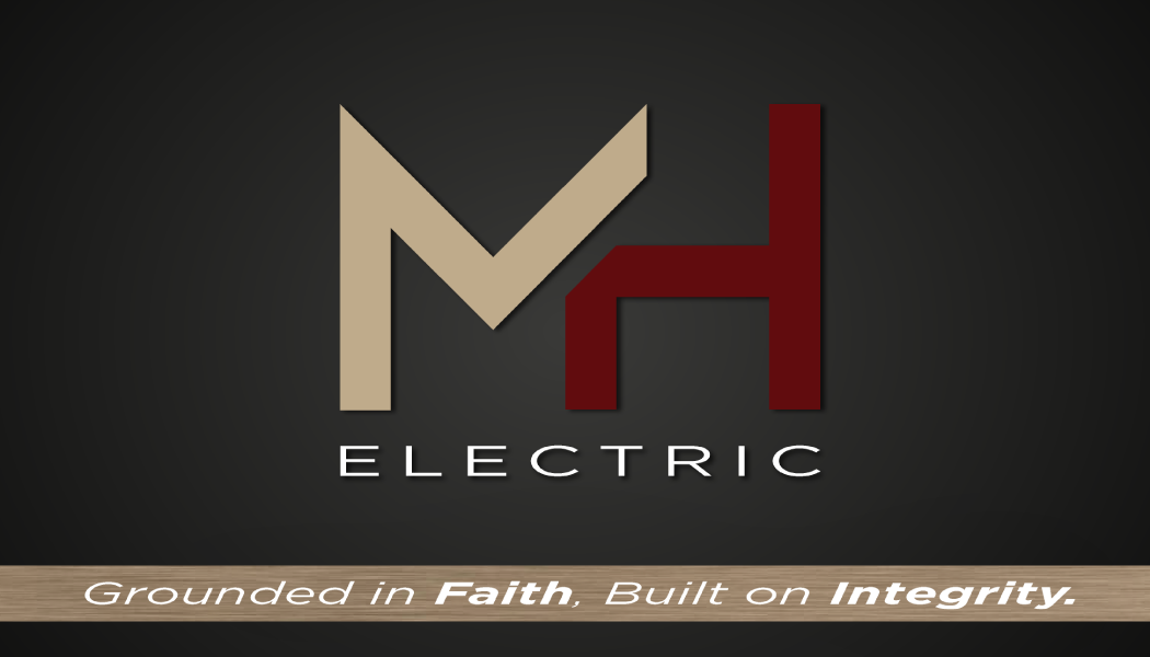 A logo for mh electric says grounded in faith built on integrity