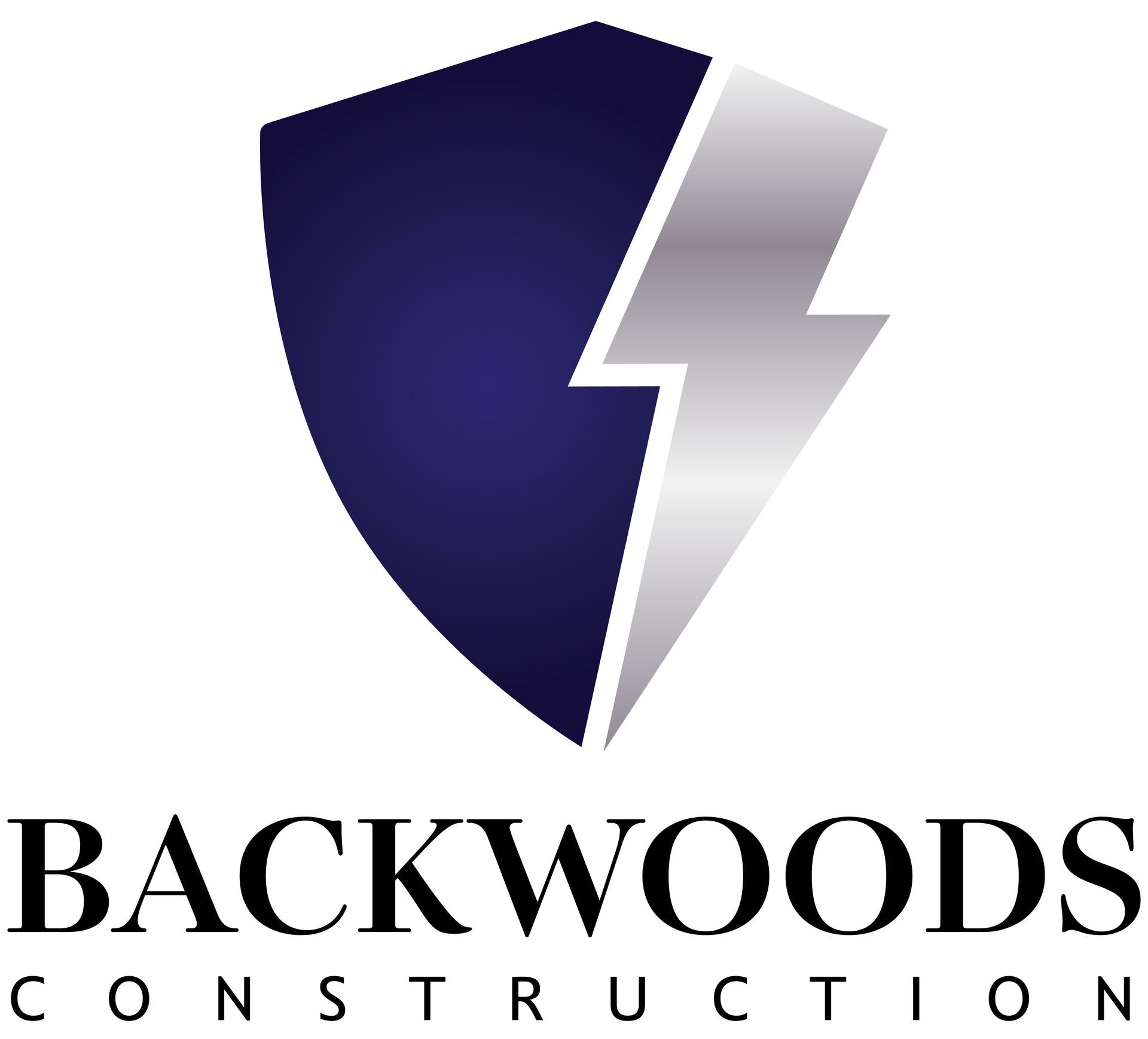 A gold, house-shaped outline enclosing a black letter B, with the words "BACKWOODS CONSTRUCTION" in black and gold below.