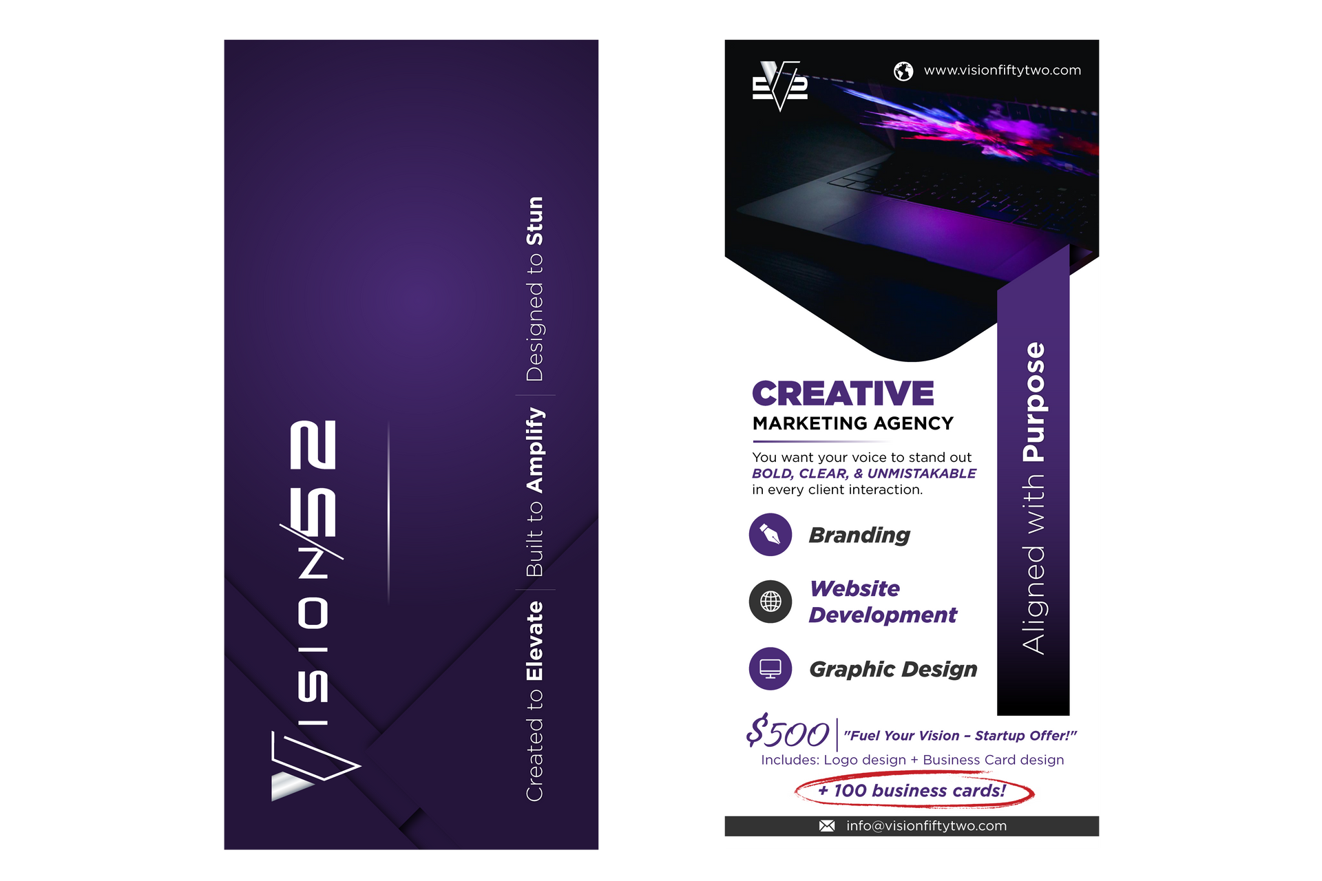Business card design: Purple gradient background, company logo 