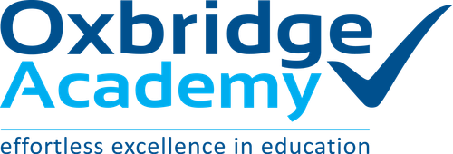 The logo for oxbridge academy is blue and white