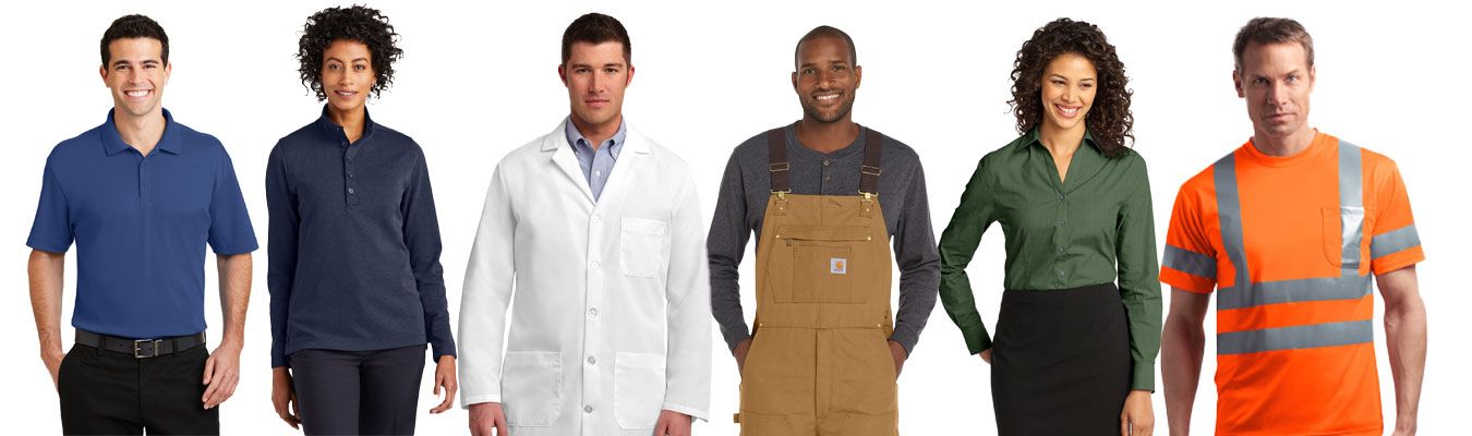 A group of people standing next to each other wearing different types of work clothes.