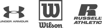 A black and white logo for under armour , russell athletic , and wilson.