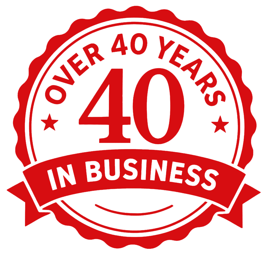 A red stamp that says over 40 years in business