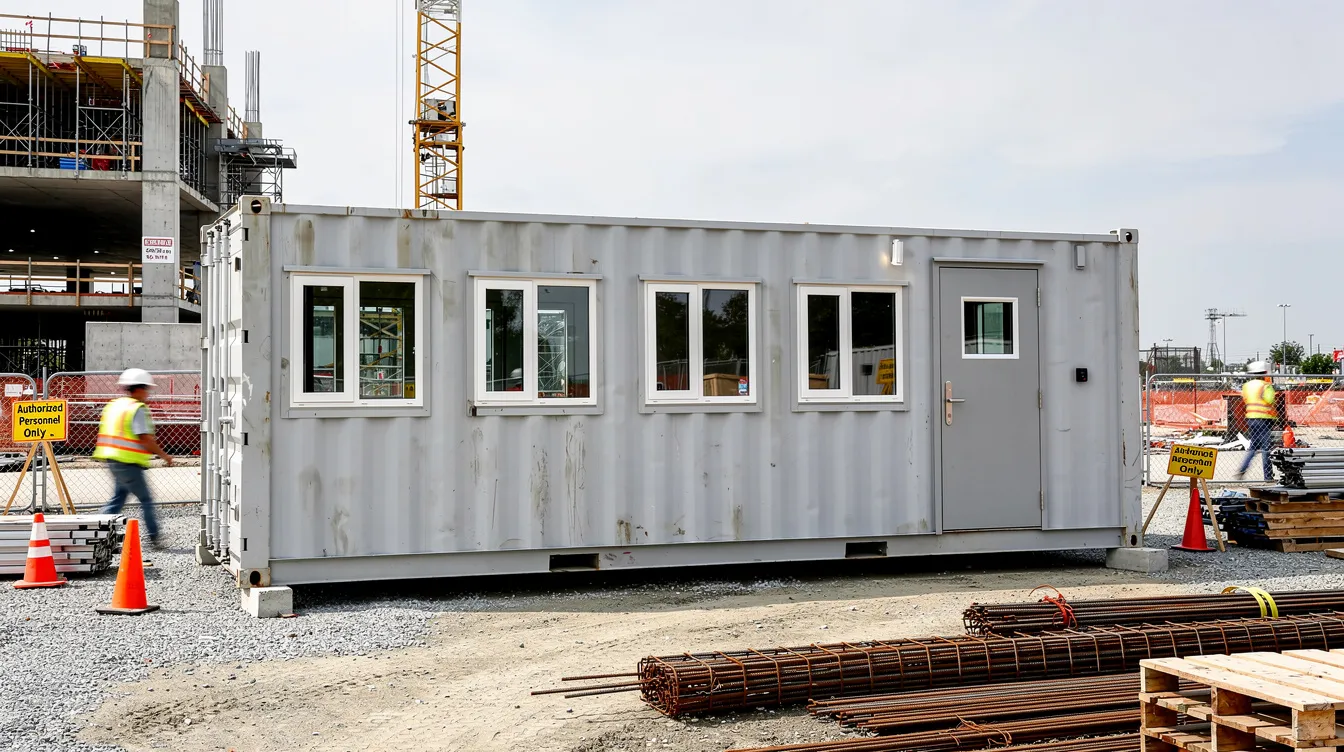 Gray portable office container on a construction site with workers, cones, and building materials nearby