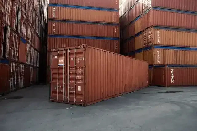 Brown used shipping container in a shipping container yard