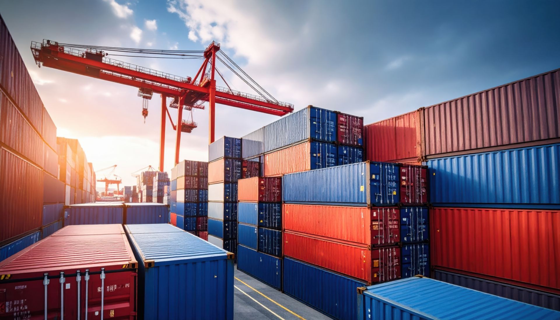 Shipping containers stacked at a port, with a large crane in the background.