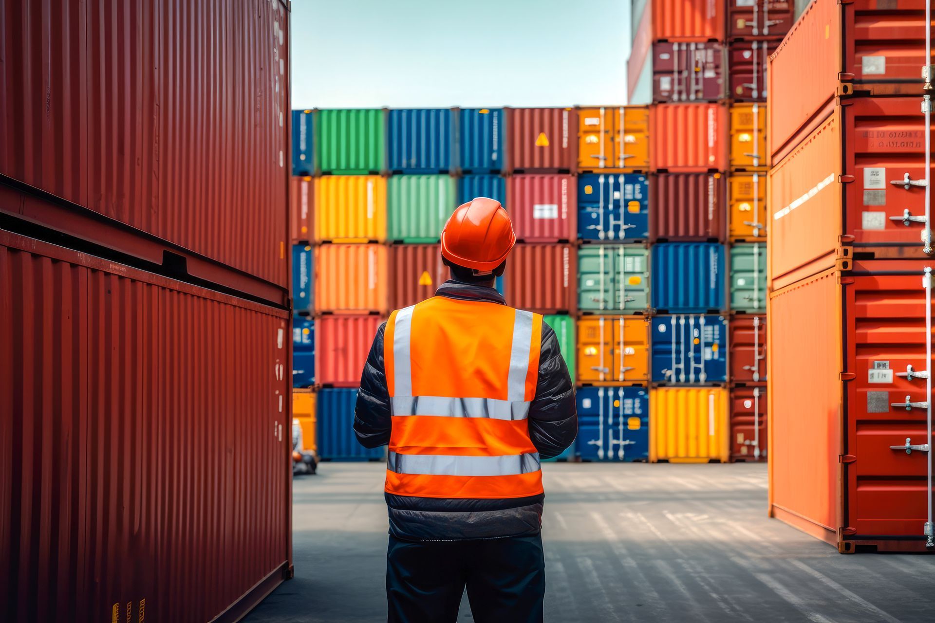 inspector wearing safety hat walking through shipping container yard