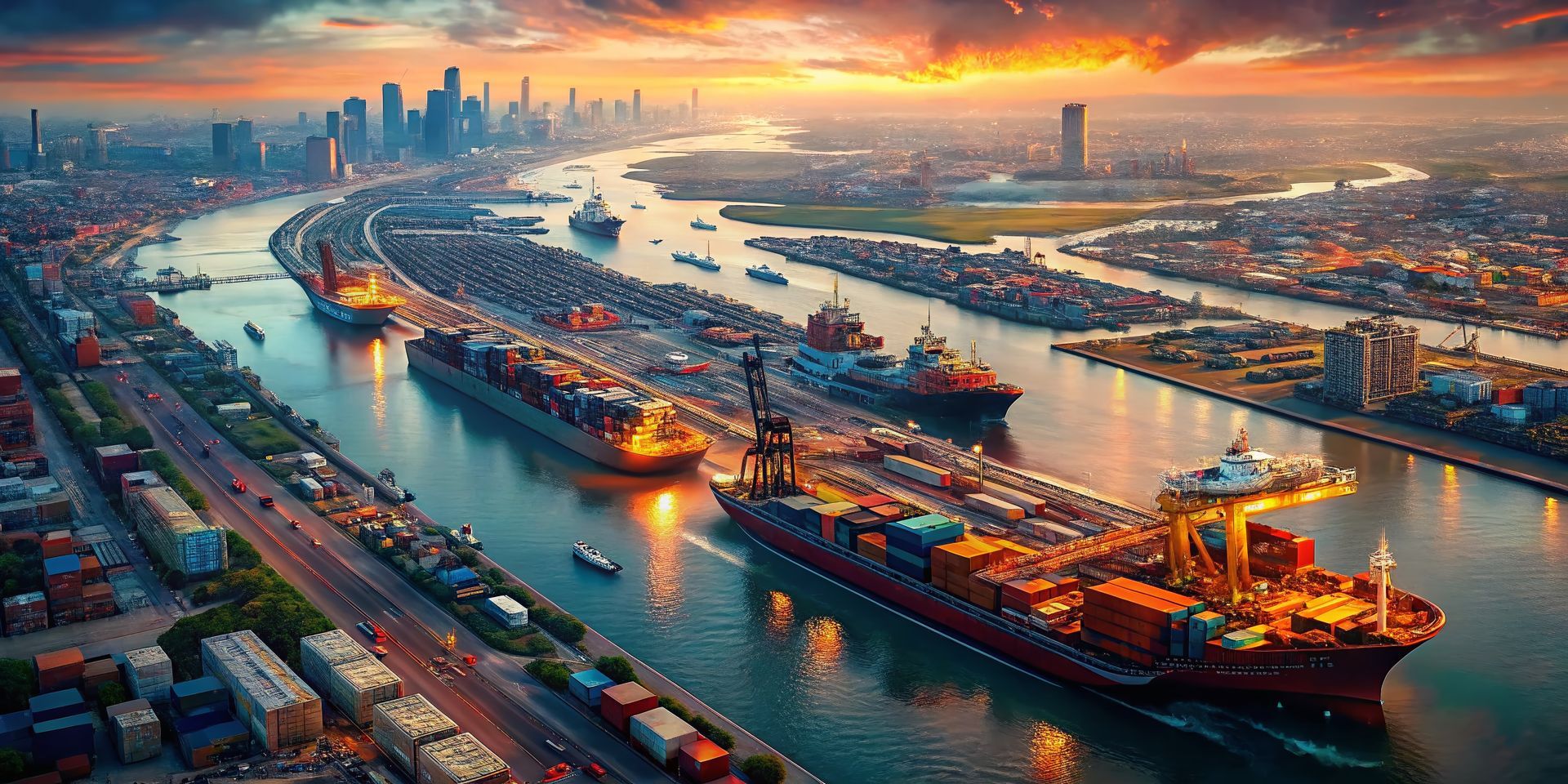Aerial view of a busy shipping port at sunset. Cargo ships navigate a river lined with containers, buildings, and a city skyline.