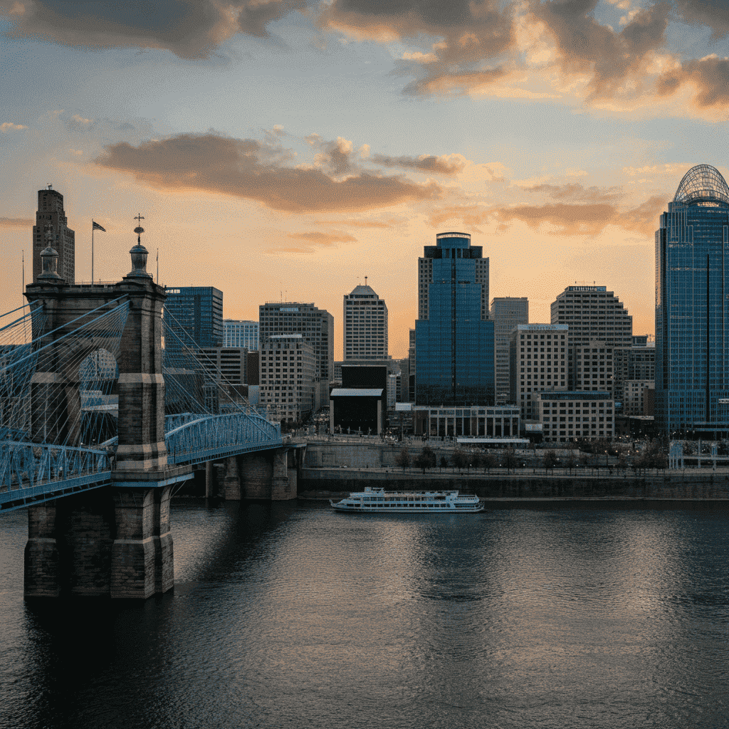 Cincinnati skyline at sunset with the Roebling Suspension Bridge and a boat on the river.