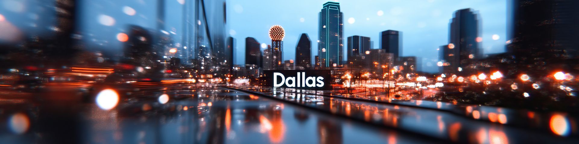 Nighttime cityscape of Dallas, Texas. Illuminated buildings, city lights, and text overlay reading 