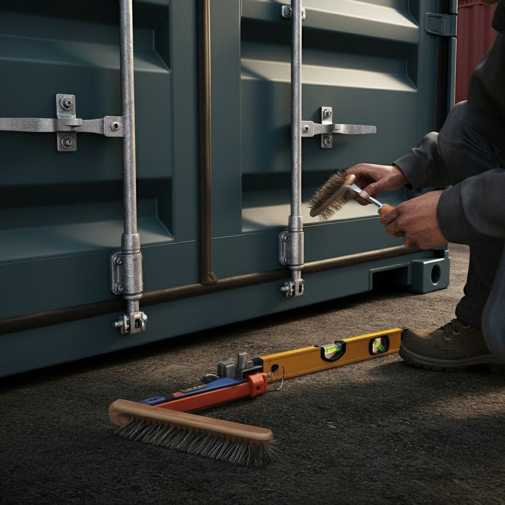 Man brushing container door. Level and other tools on ground.