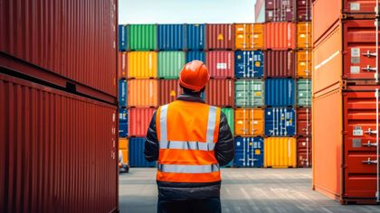 inspector wearing safety hat looking at shipping containers