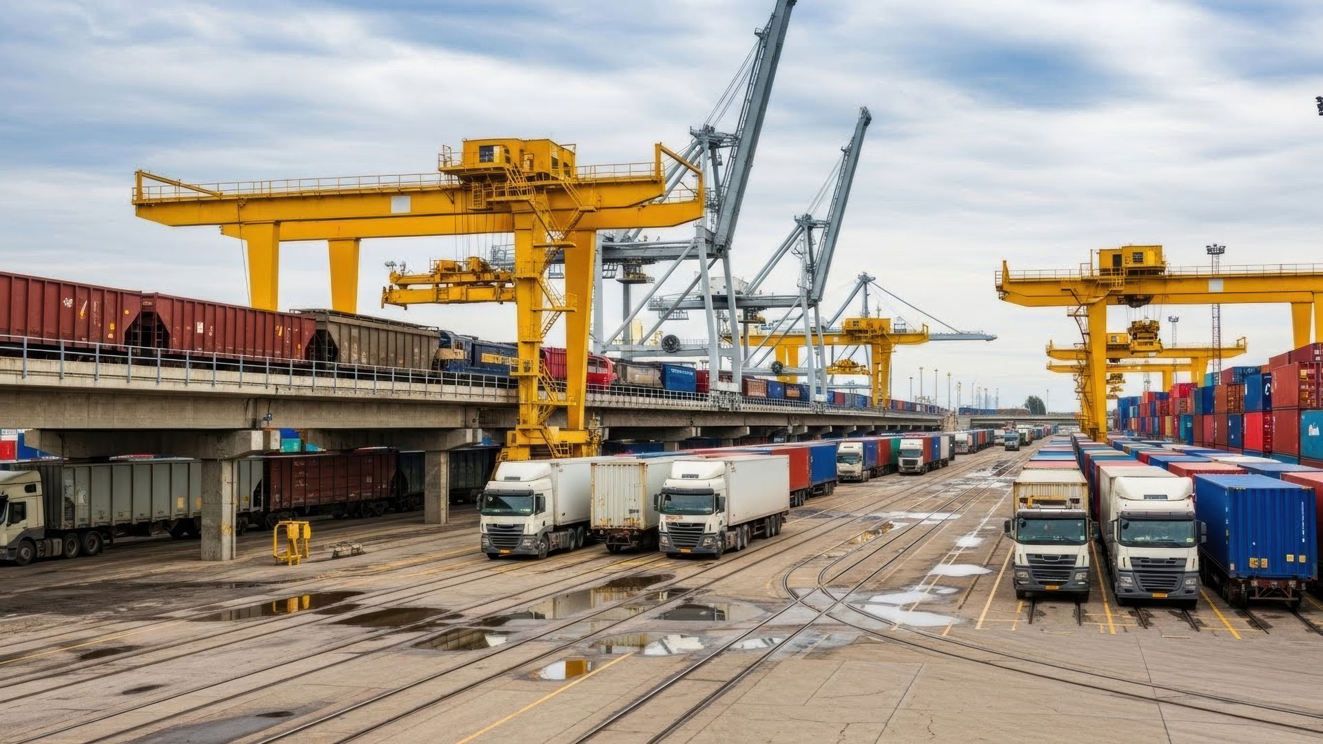 Shipping port with trucks, cranes, and containers under cloudy skies.