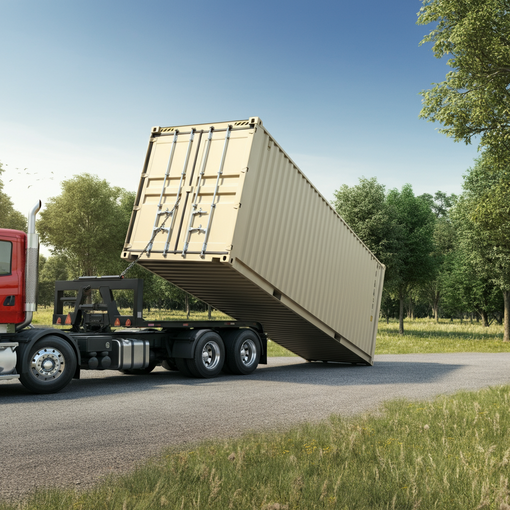 Tilt-bed Truck Delivering a Shipping Container