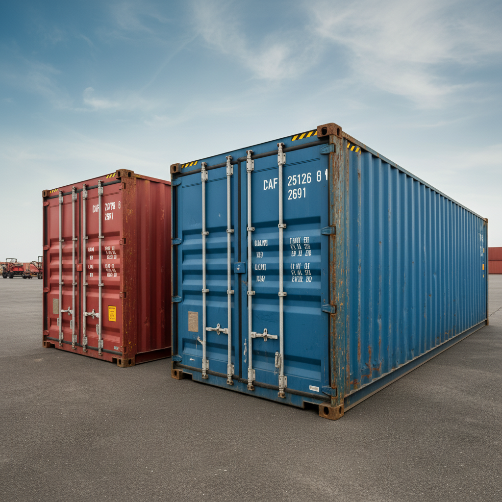 Two shipping containers, one red and one blue, parked side by side on a paved surface with a clear sky in the background.