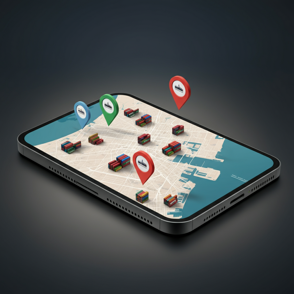 A smartphone displaying a map with delivery icons and markers indicating locations.