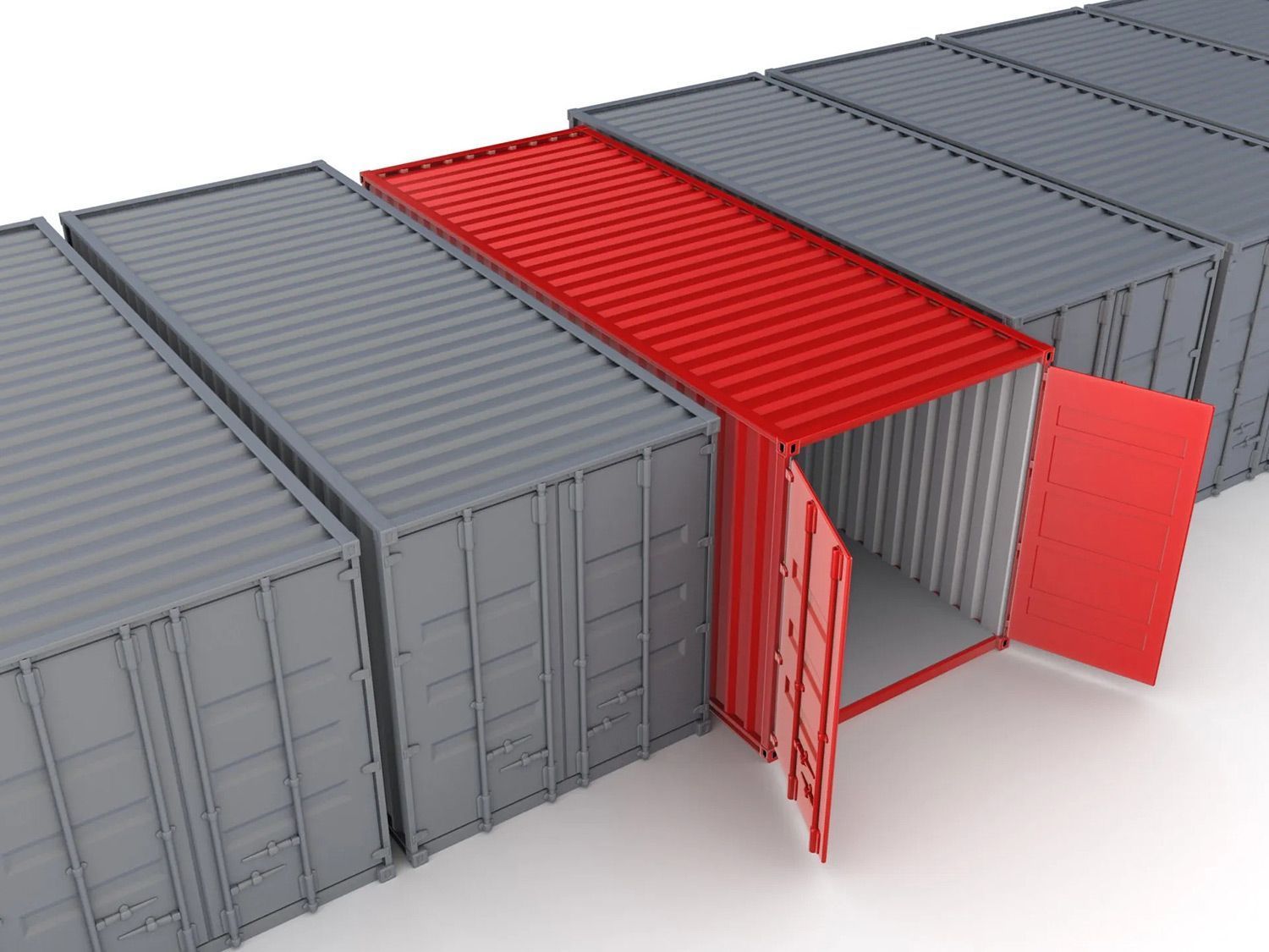 a row of shipping containers one of which has a red door open