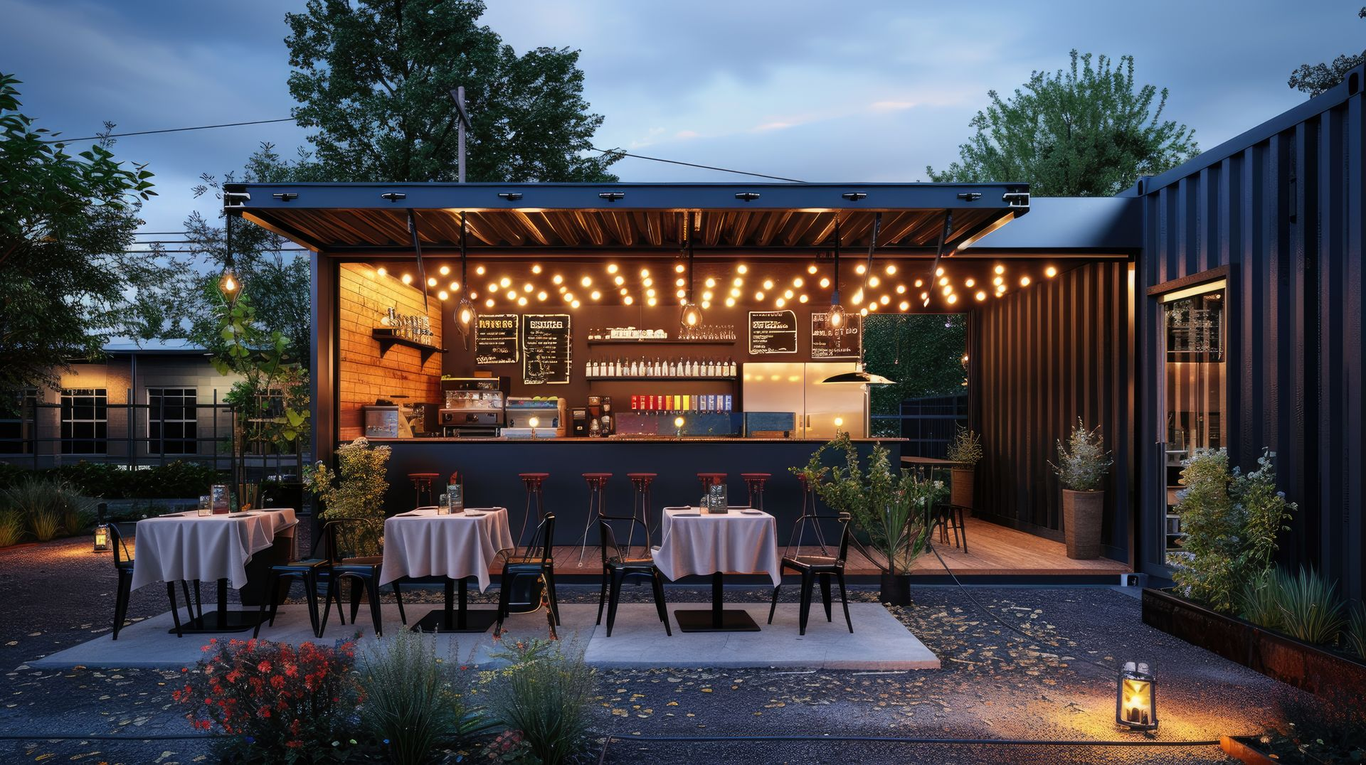 A shipping container café with a wooden service counter, matching outdoor bar seating, and hanging lights