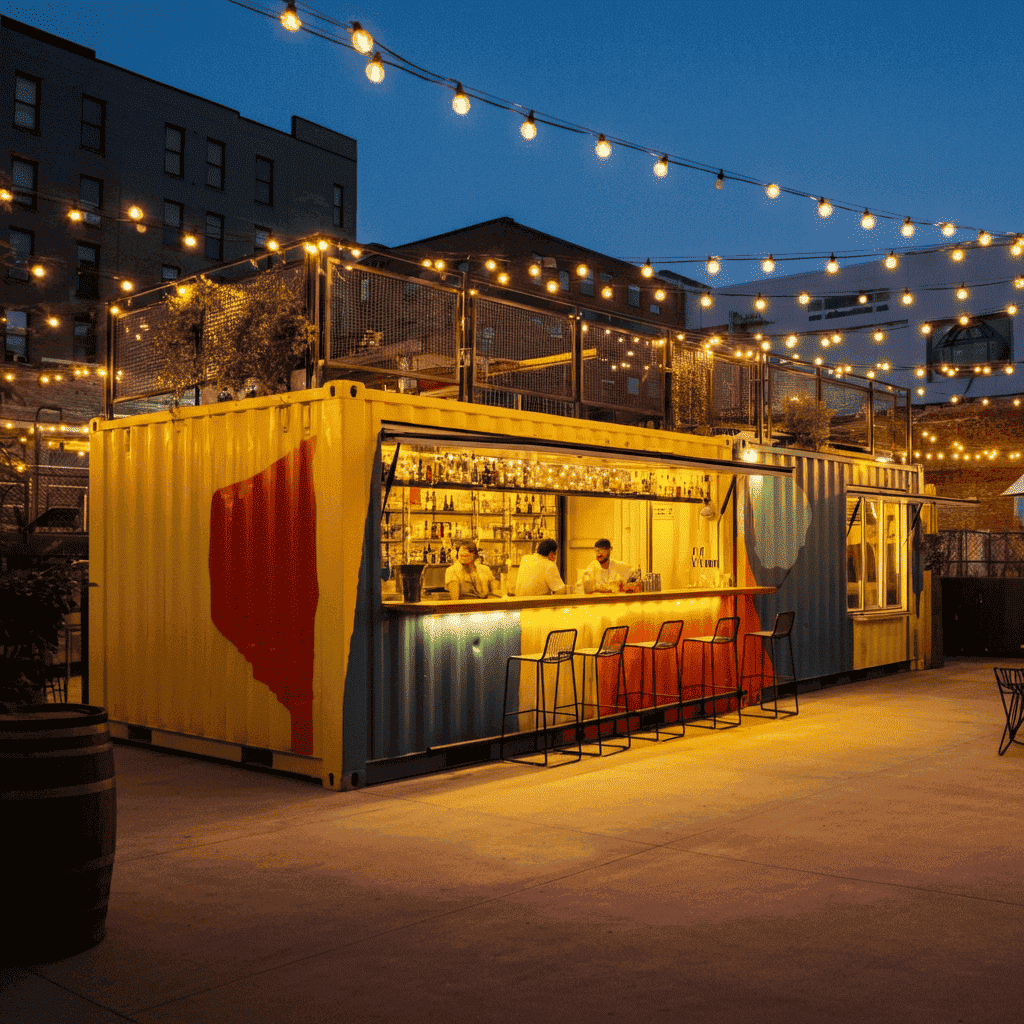 Outdoor bar made from a converted shipping container with string lights at night