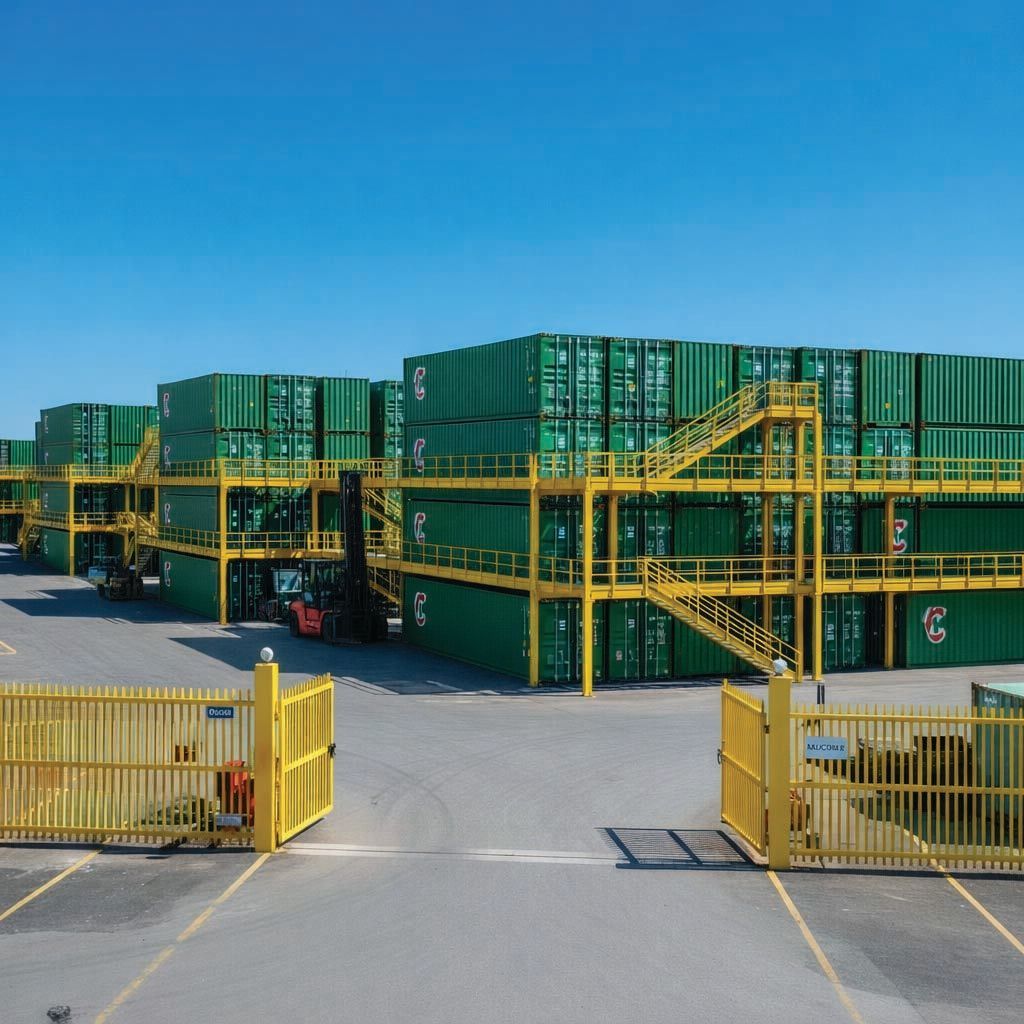 Stacks of green shipping containers in a yard with yellow platforms and forklifts; yellow gate in foreground.