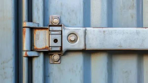 Shipping Container Door with rusty hinge.
