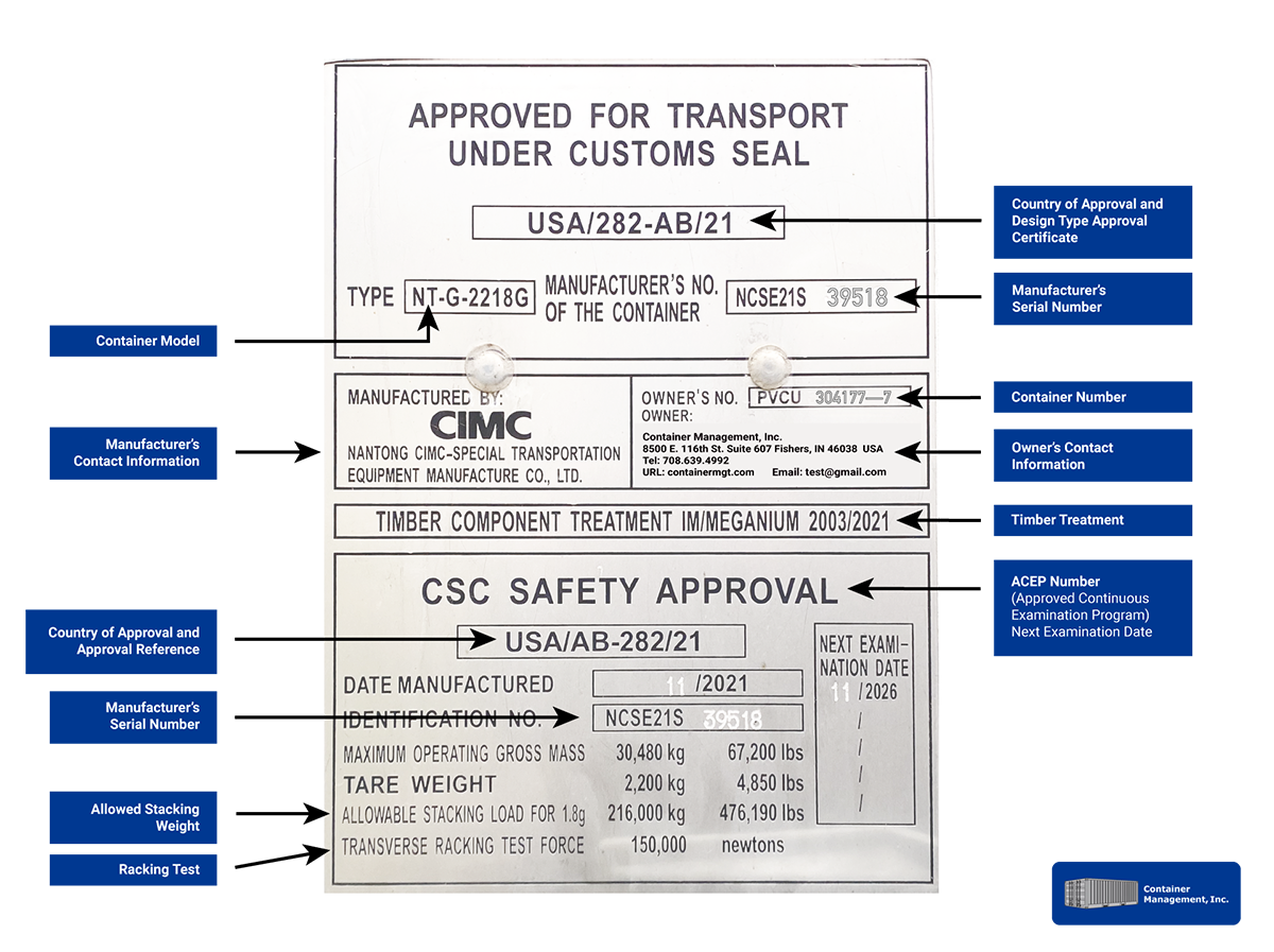 Shipping Container CSC Plate with descriptions by Container Management, Inc.