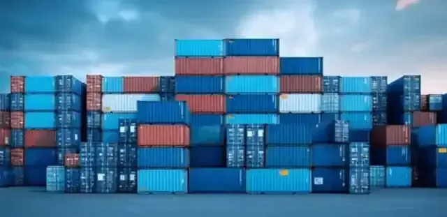 blue shipping containers stacked on top of each other