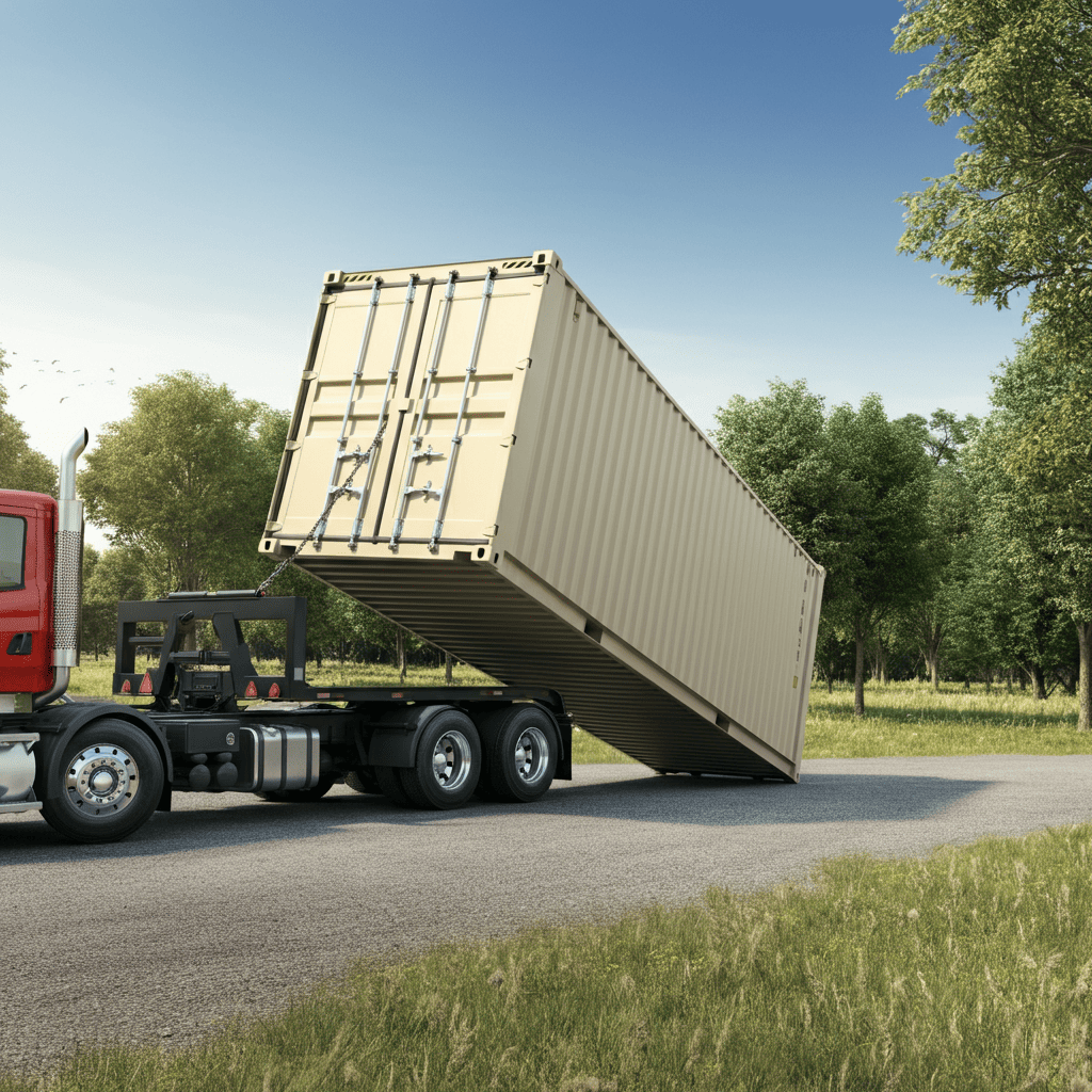 Tilt-bed Truck Delivering a Shipping Container
