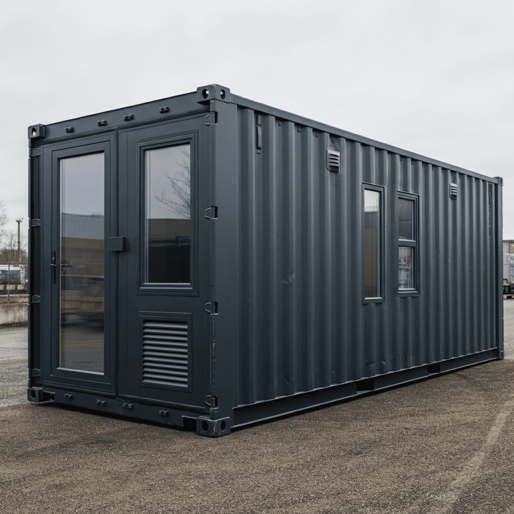Customized Shipping Container including a door, windows, and ventilation