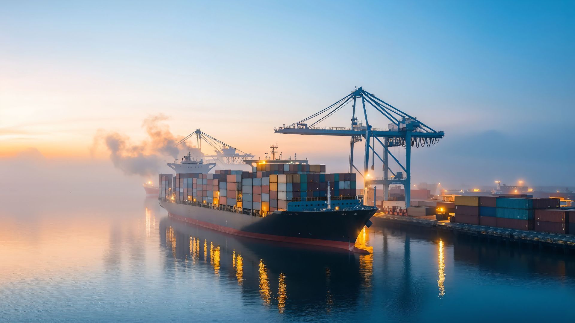 Colorful Shipping containers loaded on a ship at daybreak