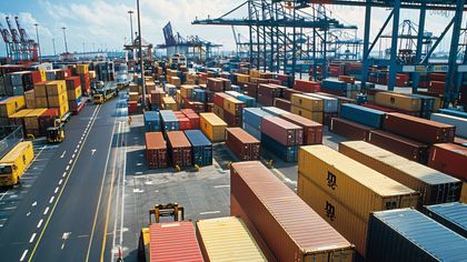 arial view of shipping containers stacked in a shipping dock