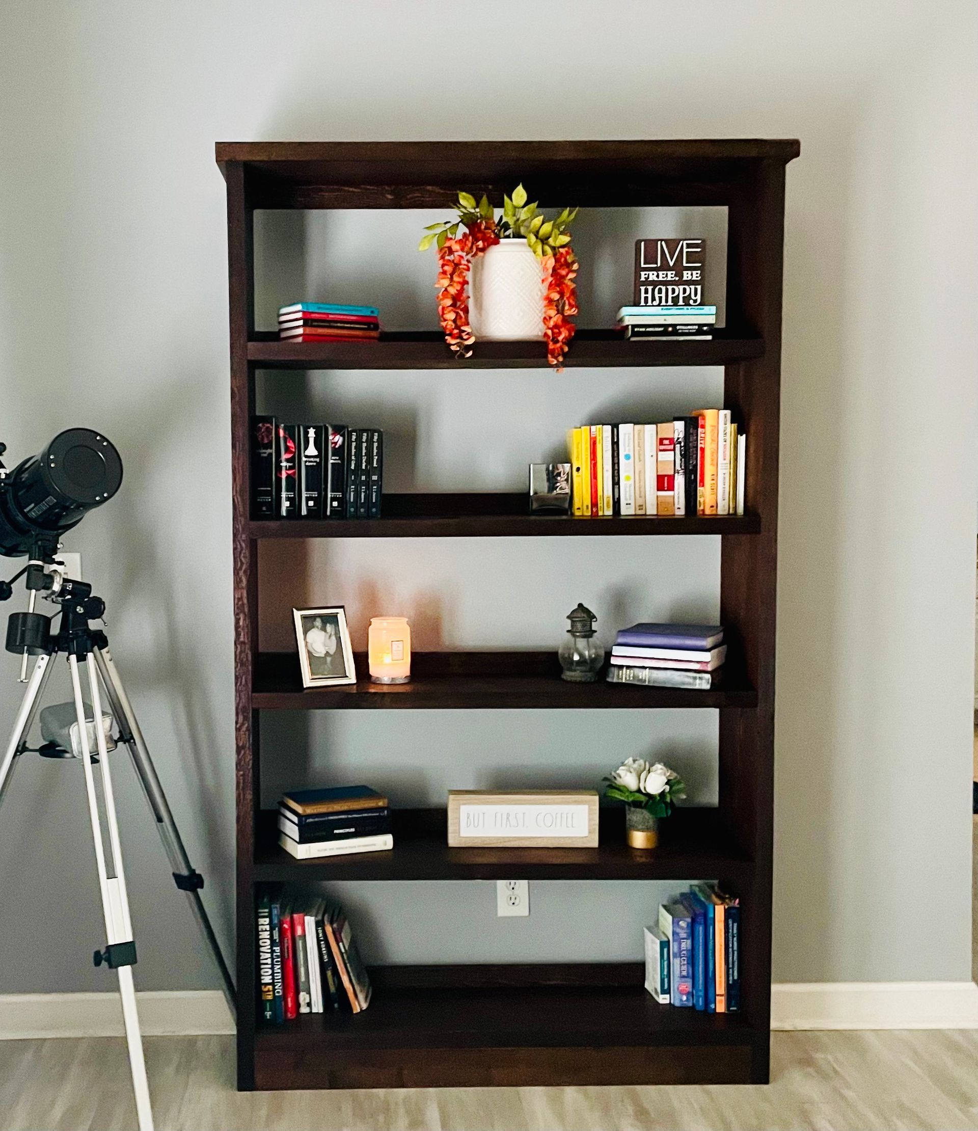 A bookshelf with a book titled 