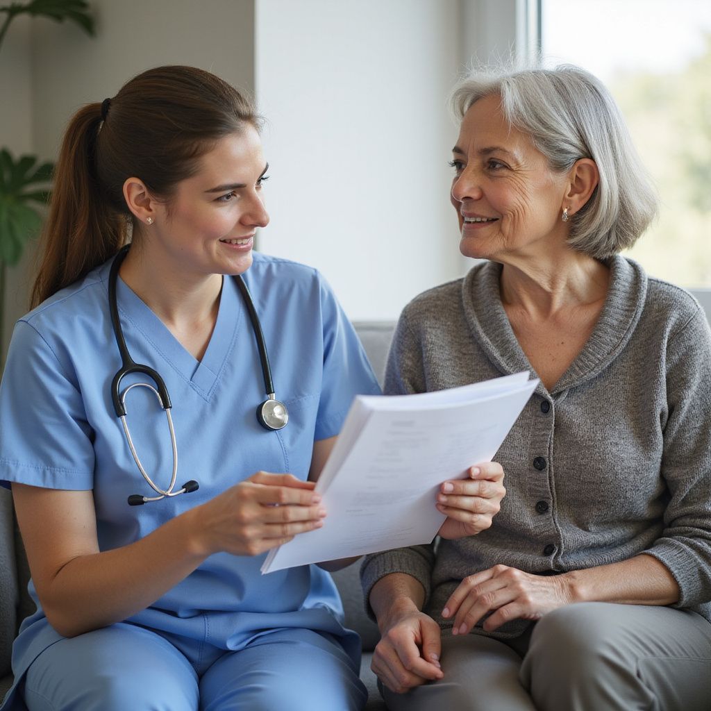 Nurse in blue scrubs showing papers to an elderly patient in a living room. Both are smiling.