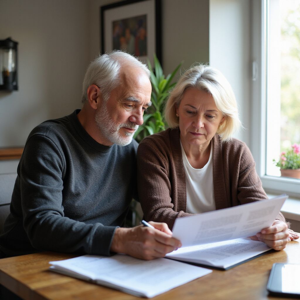Older couple reviewing documents at a table near a window. They appear to be concentrating.