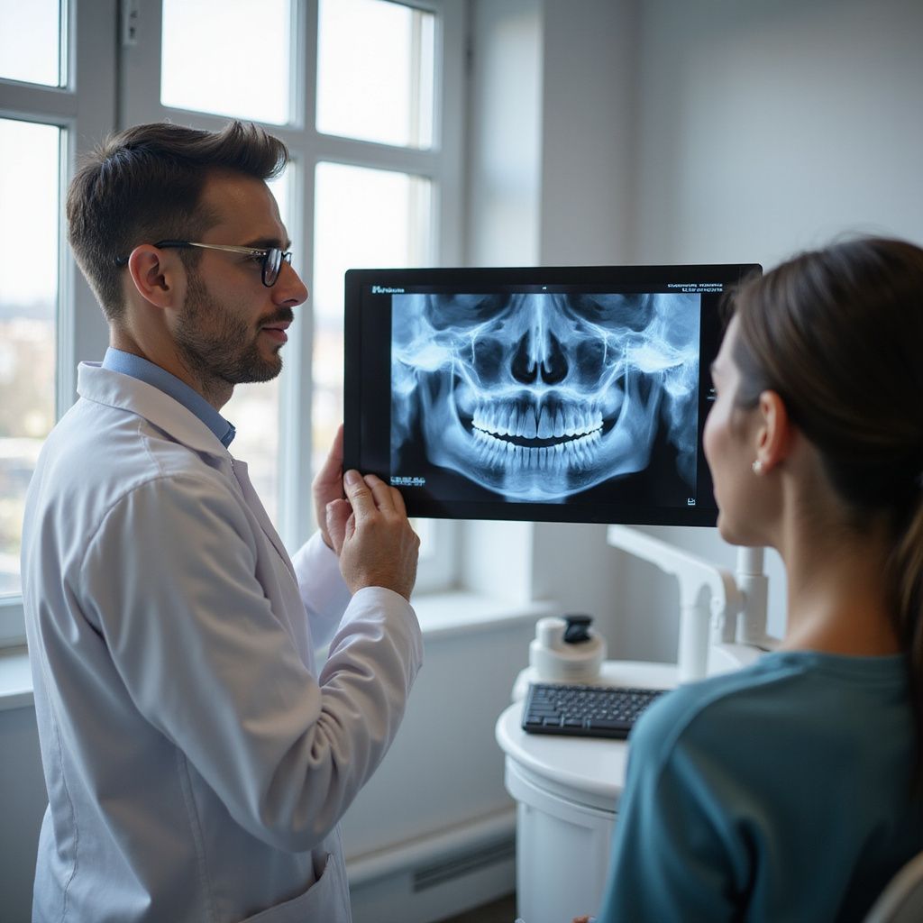Dentist showing patient an X-ray of their teeth in a dental office.