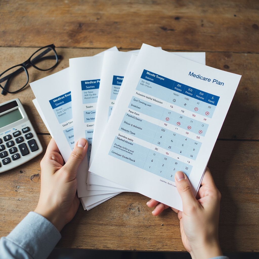 Hands holding a stack of documents with a purchase plan title; a calculator and glasses rest on a wooden table.