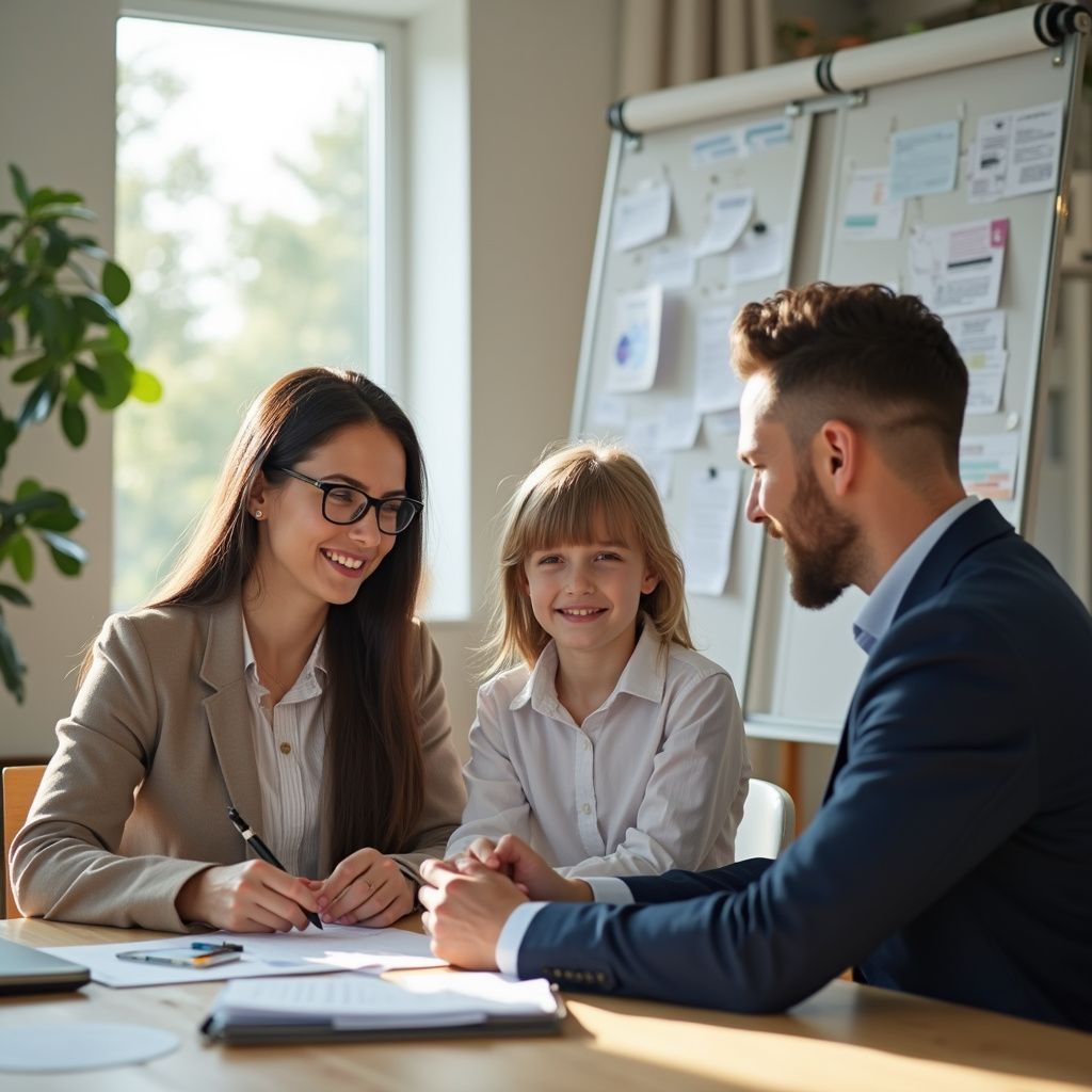 Woman, child, and man in office setting smiling, looking at papers on table near window.