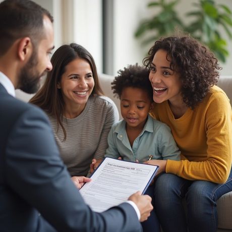 A financial advisor shows a contract to a smiling family: two women and a child.