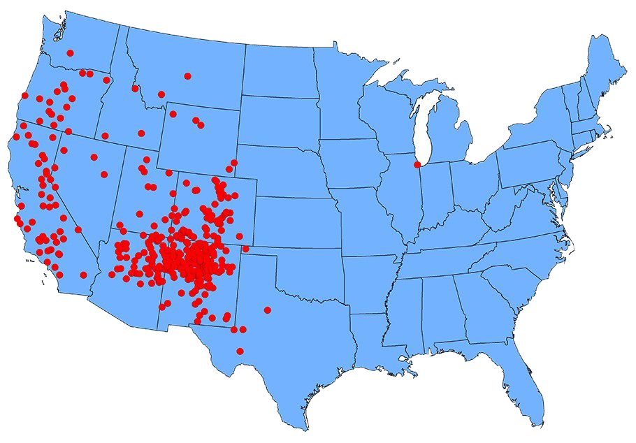 a blue map of the united states with red dots